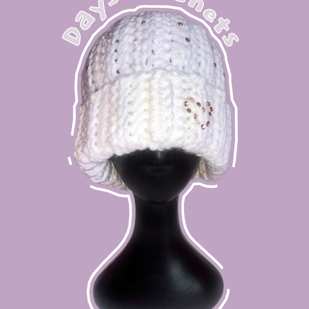 White crochet Beanie with Heart Detail
